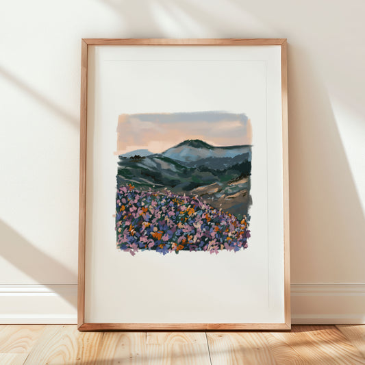 Wildflower mountain view print with colourful blooms