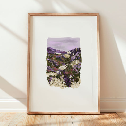 Digital painting of purple heather blooms and soft skies