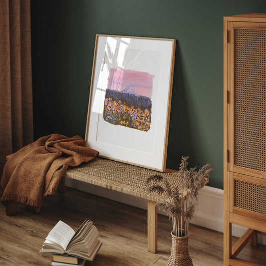 Mountain art print with sunset florals