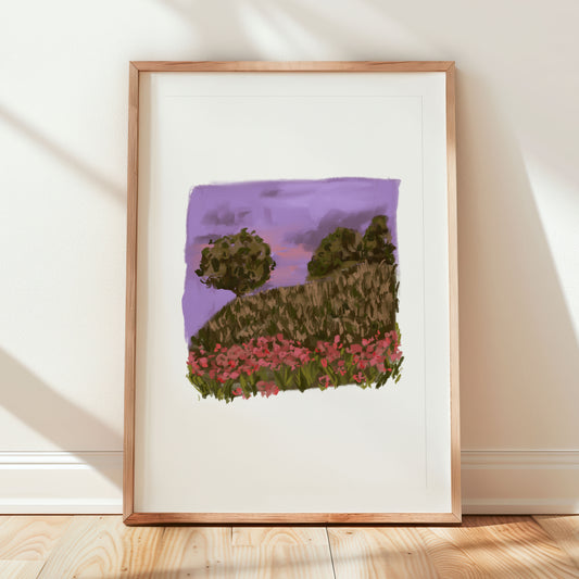 Dark floral print of poppy wildflowers at twilight