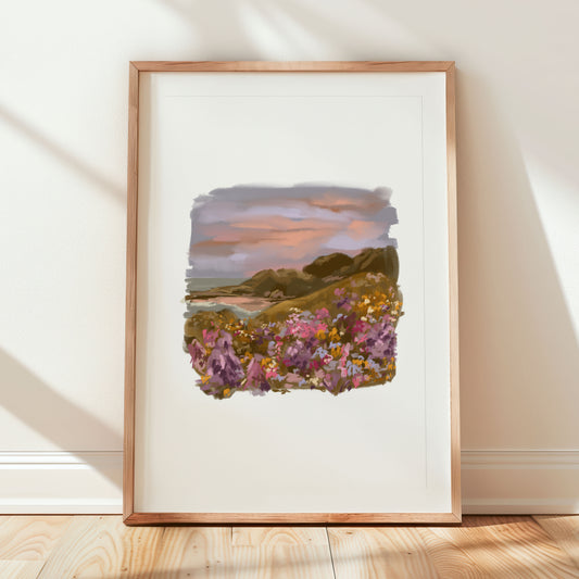 Sunset wildflower scene by the coast