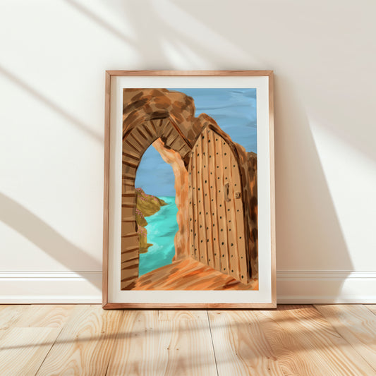 Digital artwork of Tintagel Castle's medieval doorway with a wooden arch, opening to turquoise waters and dramatic Cornwall cliffs.