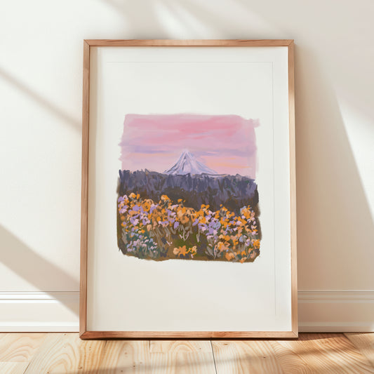 Orange and pink wildflowers at sunset with mountain view