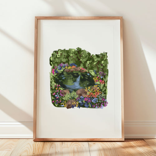 Tranquil pond surrounded by colourful wildflowers