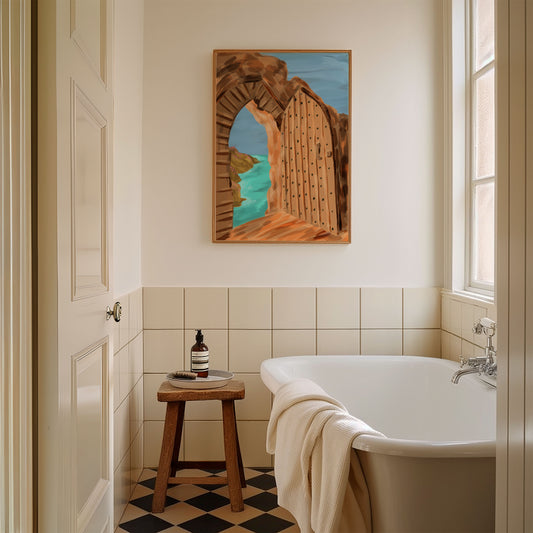 Illustration of a rustic castle door at Tintagel Castle, Cornwall, framed by coastal views and vibrant blue seas.