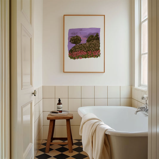 Purple and red wildflower field painting placed in a modern bathroom