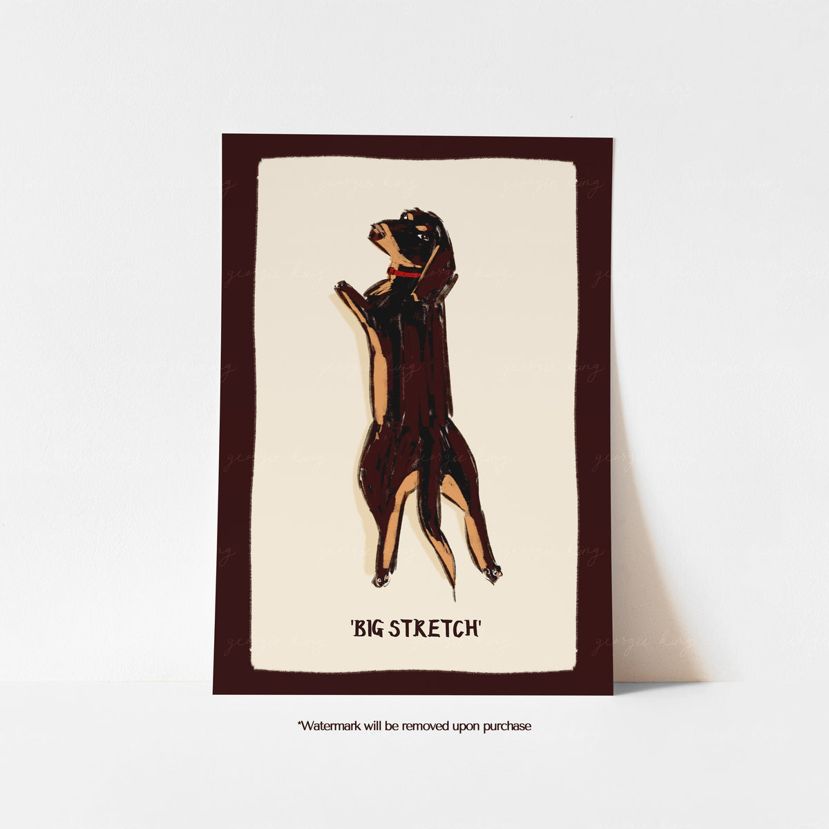 Black and tan dachshund Big Stretch art print on a cream background with a dark brown border.