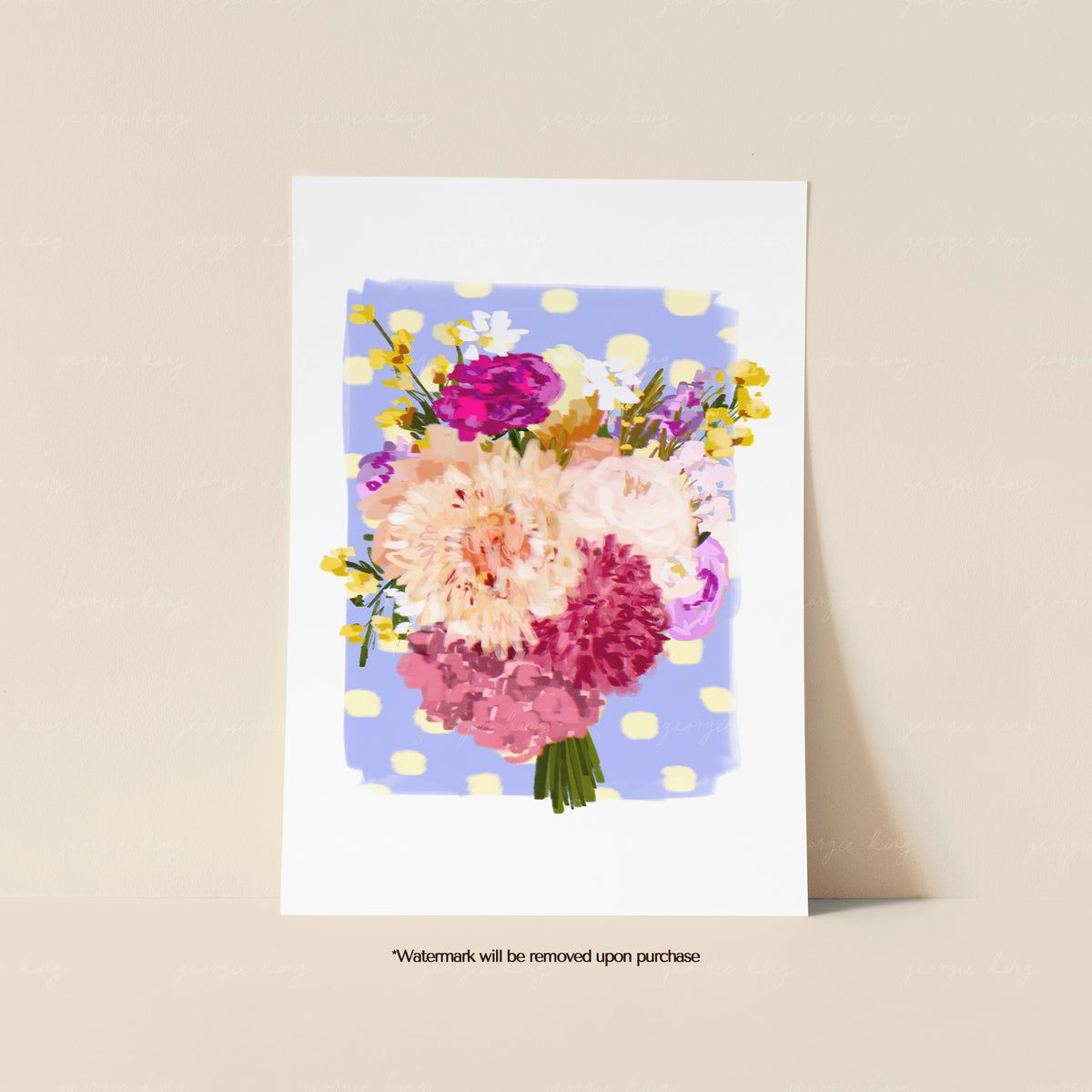 Blush pink flower bouquet print with large rounded blooms and small yellow flowers against a lilac polka dot background