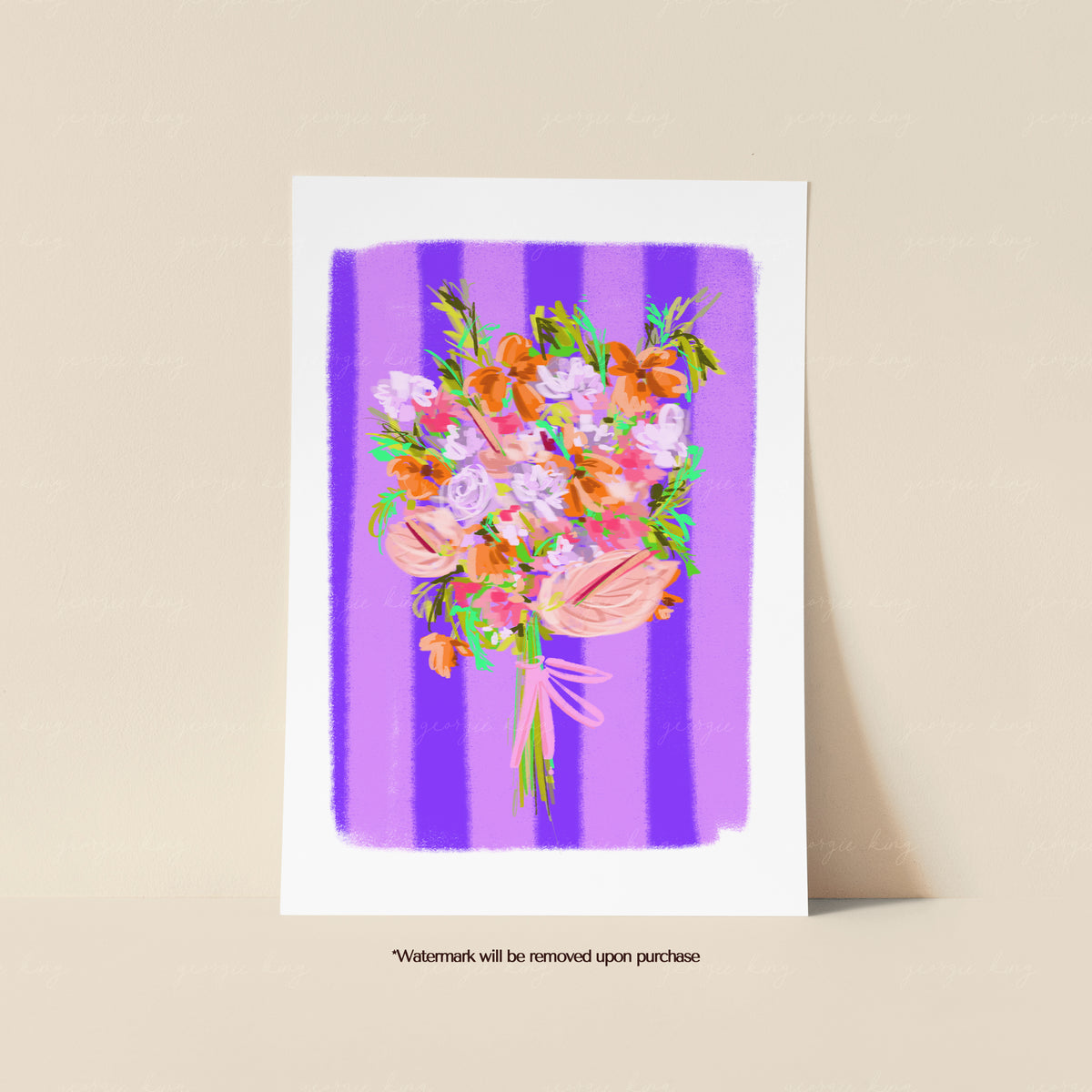 Colourful flower bouquet print with pink, peach and blue blooms against bold purple and lilac stripes