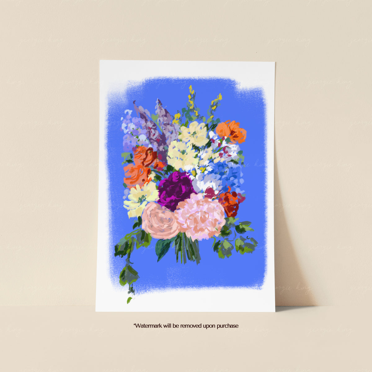 Colourful painted flower bouquet print with peach, orange, blue and cream blooms on a cobalt blue background