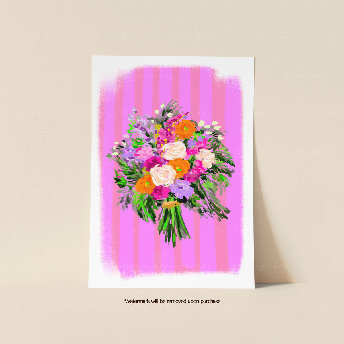 Colourful painted flower bouquet print with pink, purple, orange and cream blooms against hot pink stripes