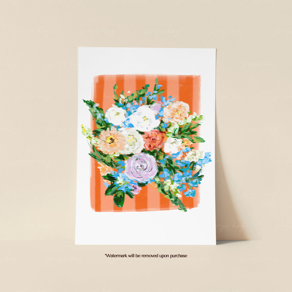 Pastel painted flower bouquet print with peach, cream and blue flowers against an orange striped background