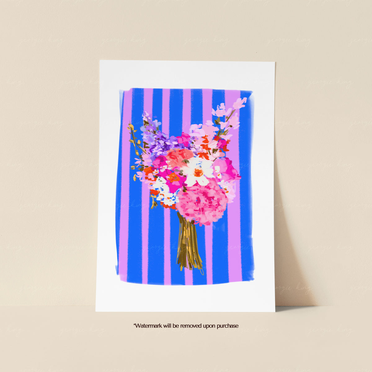 Bright pink flower bouquet print with purple and blue blooms against bold pink and cobalt stripes