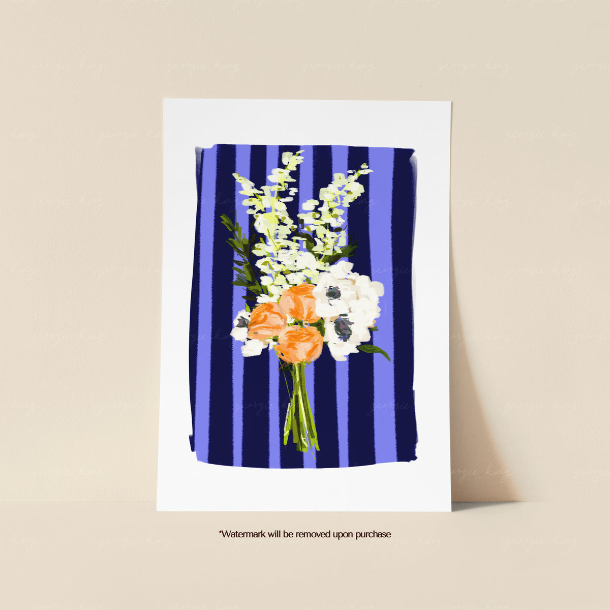 White wildflower bouquet print with peach blooms and tied stems against dark navy and lilac stripes