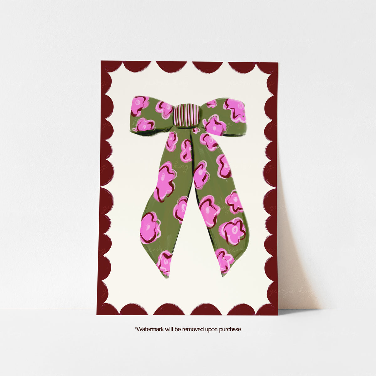 Floral bow kids art print with a green ribbon, pink flowers and scalloped burgundy border