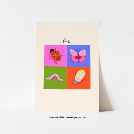 Colourful bug nursery print featuring a ladybird, pink butterfly, caterpillar and striped beetle
