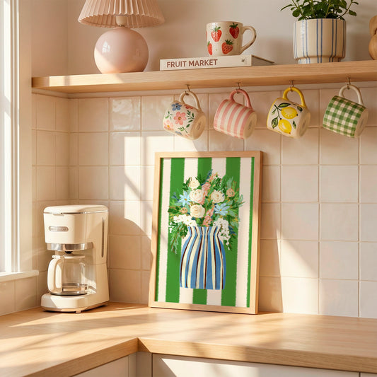 Striped Flowers in Vase / Coastal Art Print