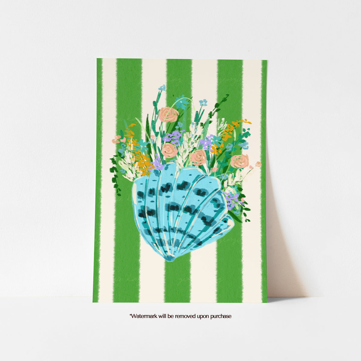 Blue scallop seashell print filled with colourful painterly wildflowers against a green and cream striped background