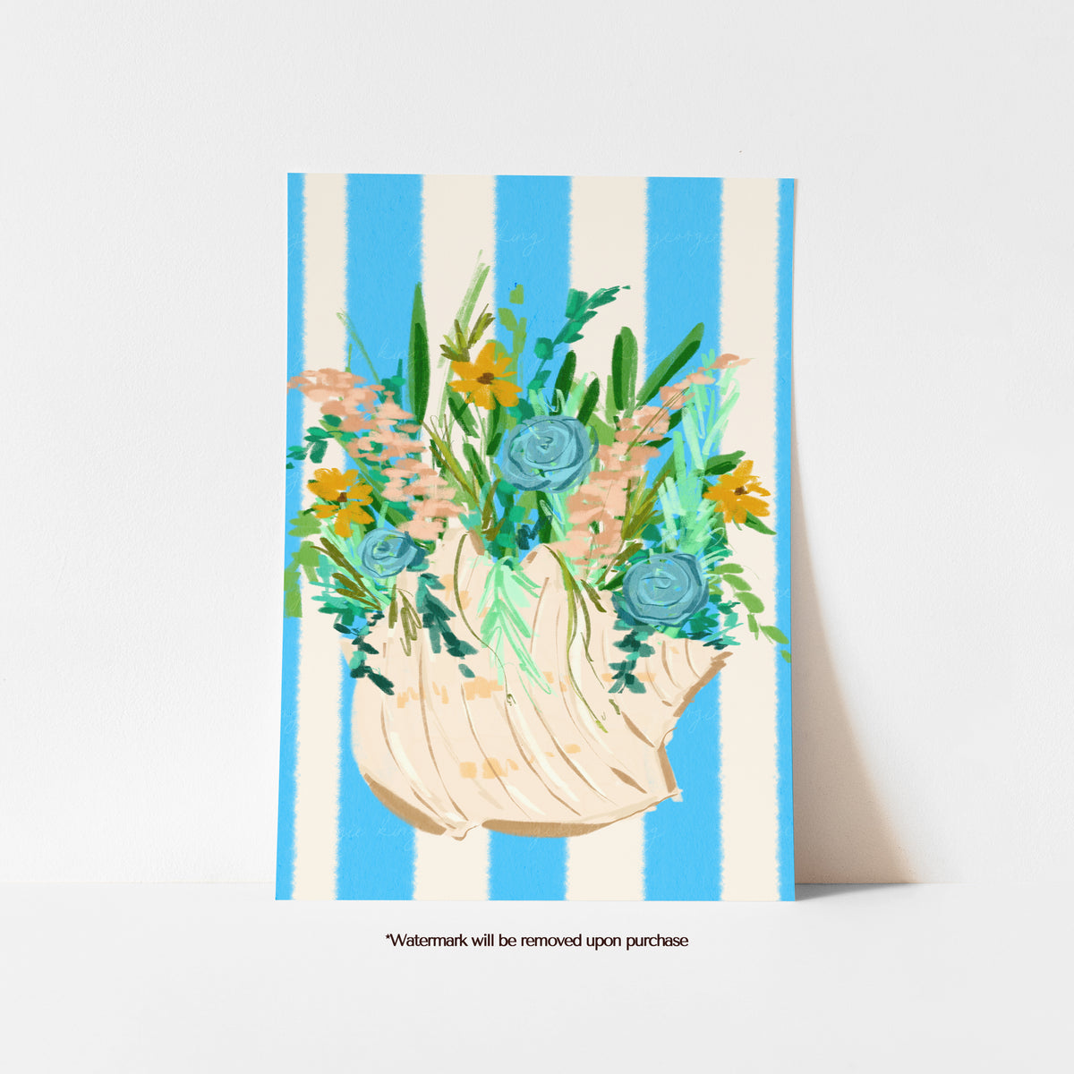 Colourful conch shell print filled with blue, peach and yellow wildflowers against a blue and cream striped background