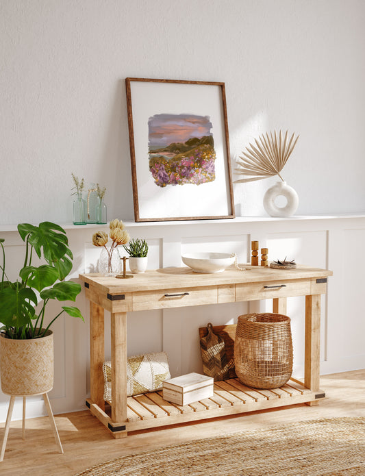 Floral clifftop landscape art print feautured in a beachy hallway area