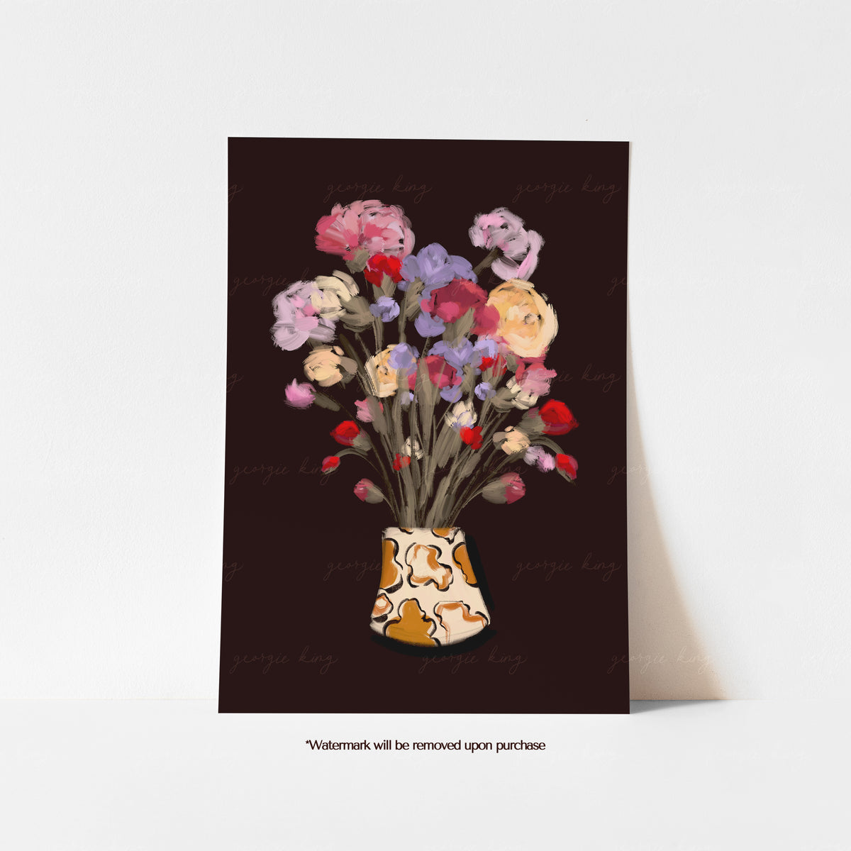 Colourful flower print with pink, red and cream blooms in a leopard-patterned vase against a dark background
