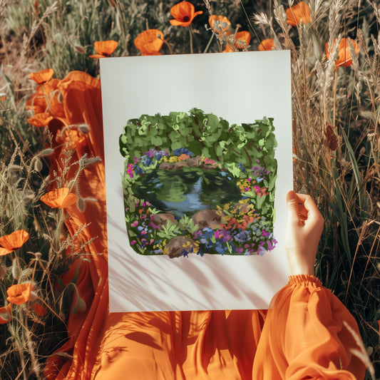 Serene garden scene with natural floral details