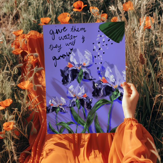 Beautiful purple iris flower art print perfect for floral wall art enthusiasts.