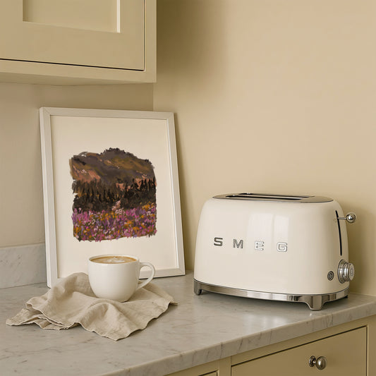 Colourful wildflower meadow meets forest trees in a minimalist kitchen