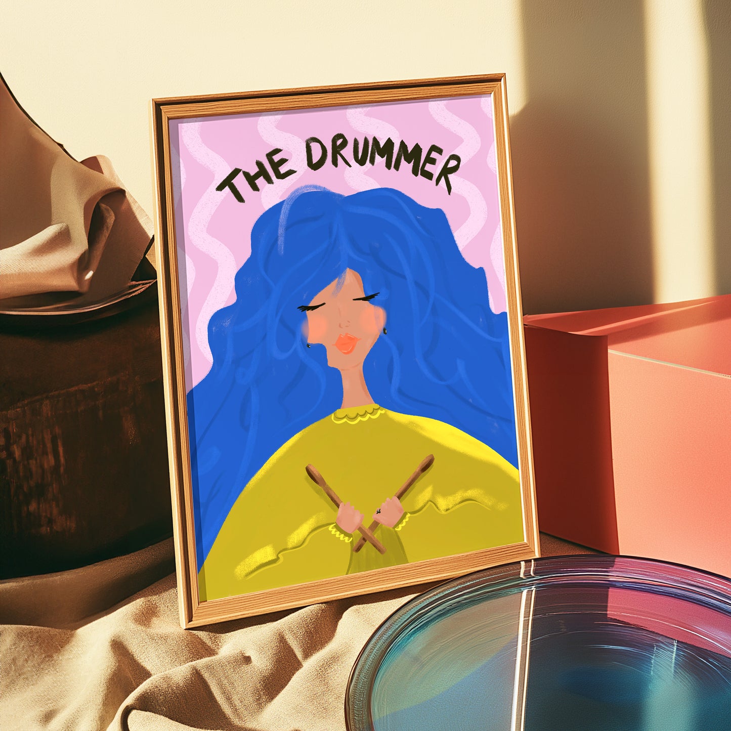 Aesthetic wall art print of a cool girl holding drumsticks.