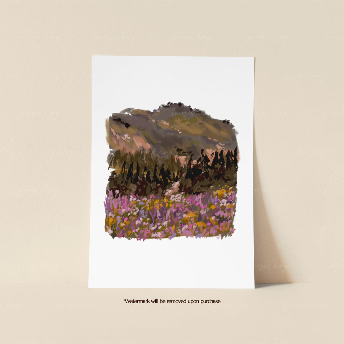 Wildflower forest print featuring a dark green woodland hillside filled with painterly pink, purple and orange flowers