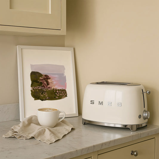 Soft botanical artwork for beach-themed kitchen interiors