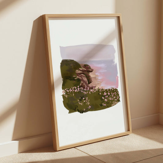 Ocean cliff wall art with blooming flowers