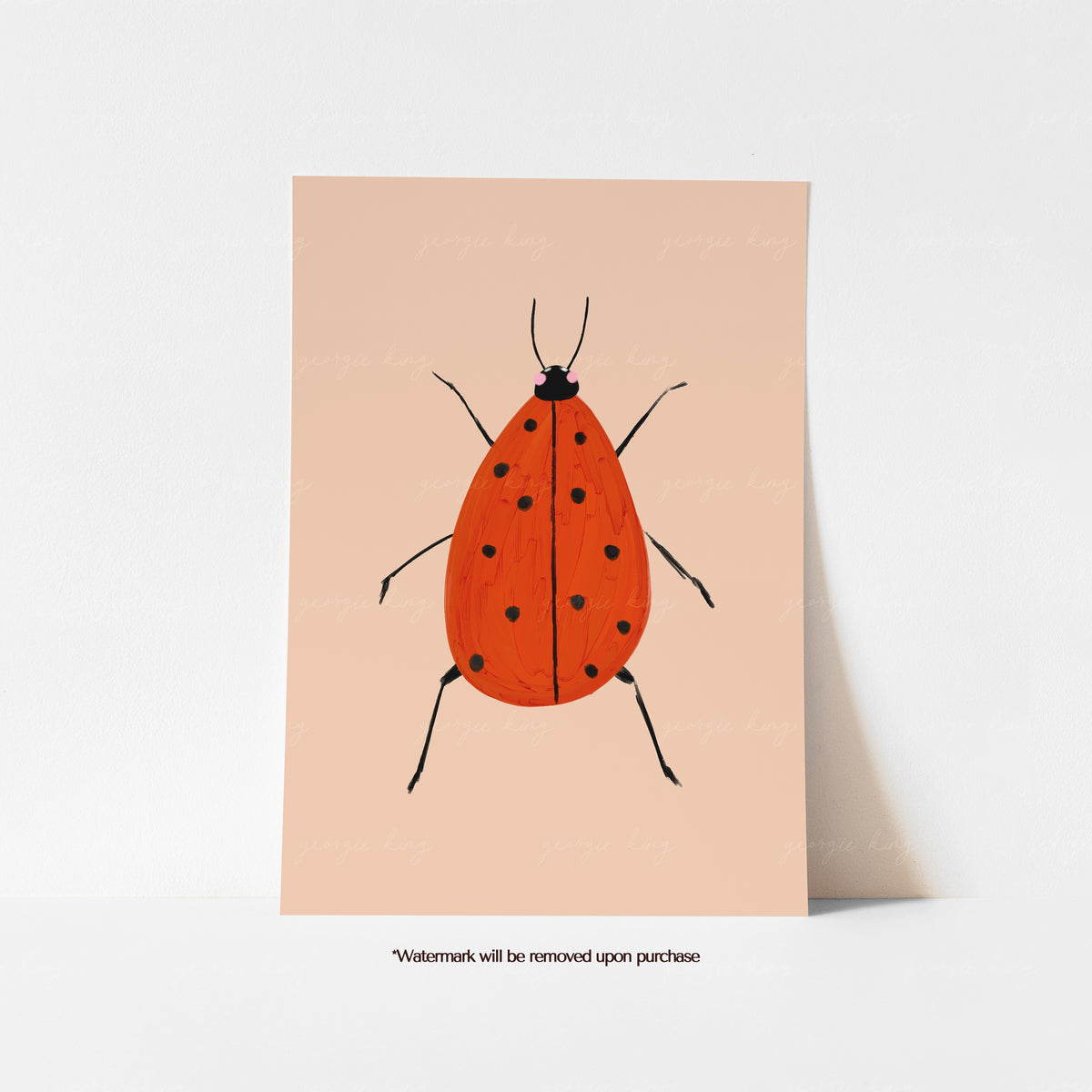 Red ladybird kids art print with dark spots and hand-drawn legs against a soft peach background