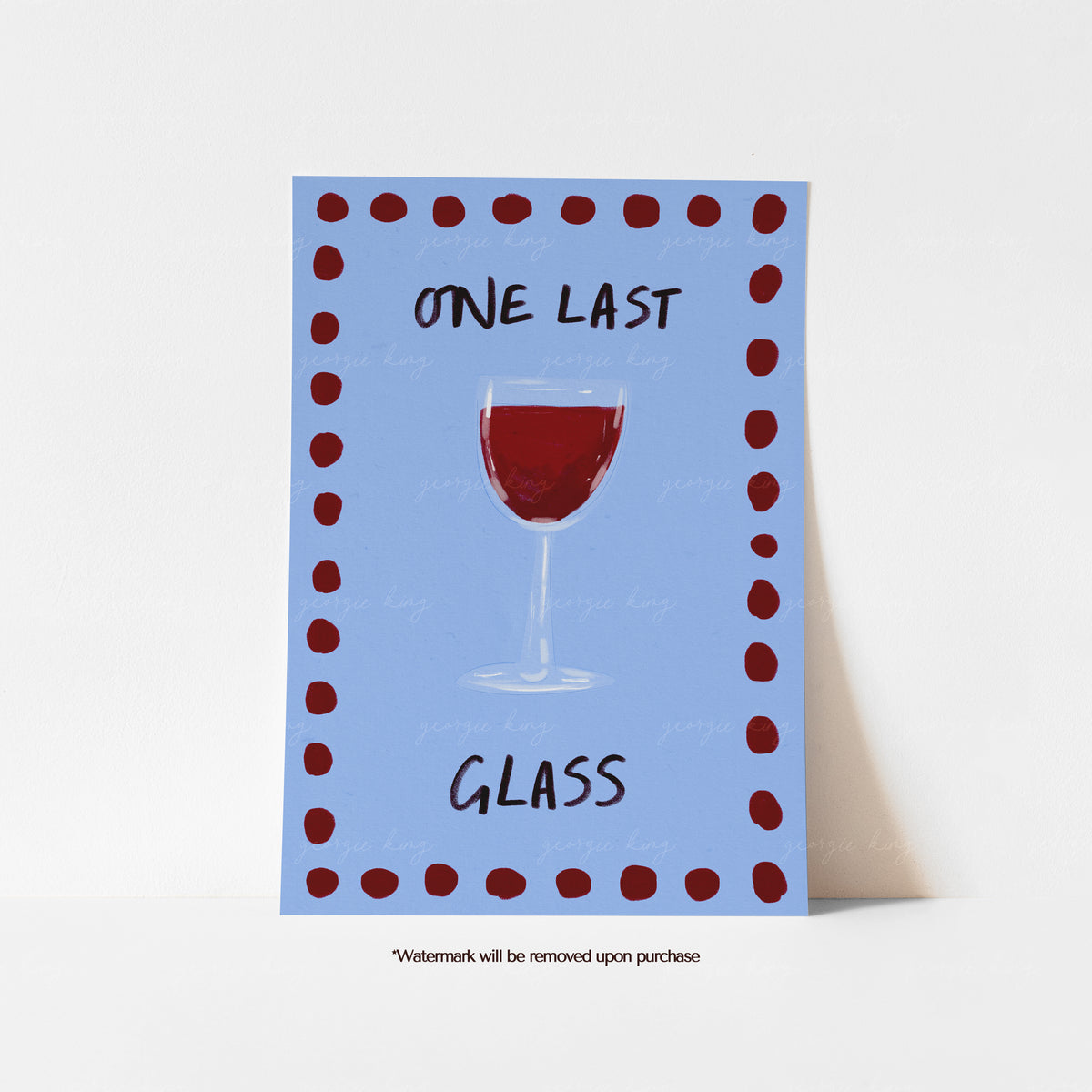 One Last Glass wine art print with a red wine glass on a soft blue background and deep red painted border.