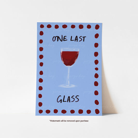 One Last Glass wine art print with a red wine glass on a soft blue background and deep red painted border.