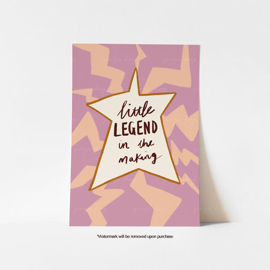 Little Legend in the Making children’s bedroom art print in soft mauve, peach and cream with a hand-drawn star and playful zigzag pattern.
