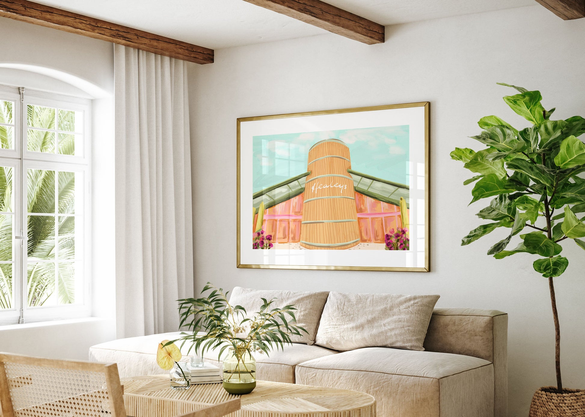 Modern Cornish art print of Healeys Farm with its iconic wooden structure, designed for coastal and rustic decor.