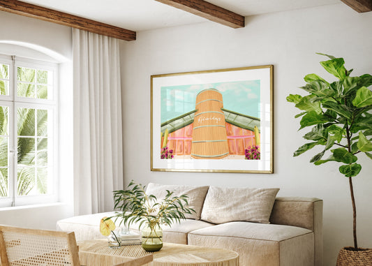 Modern Cornish art print of Healeys Farm with its iconic wooden structure, designed for coastal and rustic decor.