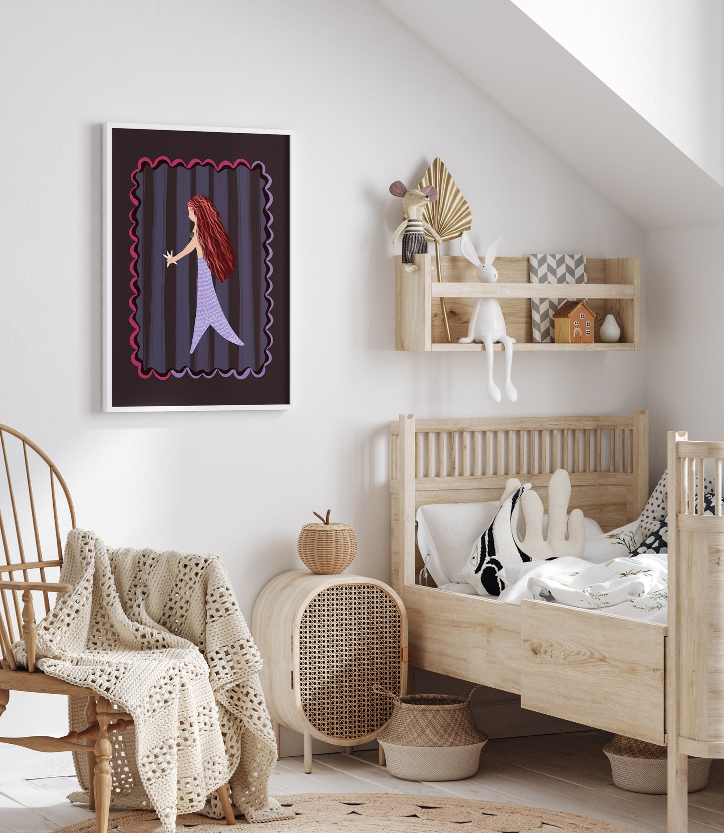 Children's bedroom wall art of a purple mermaid.