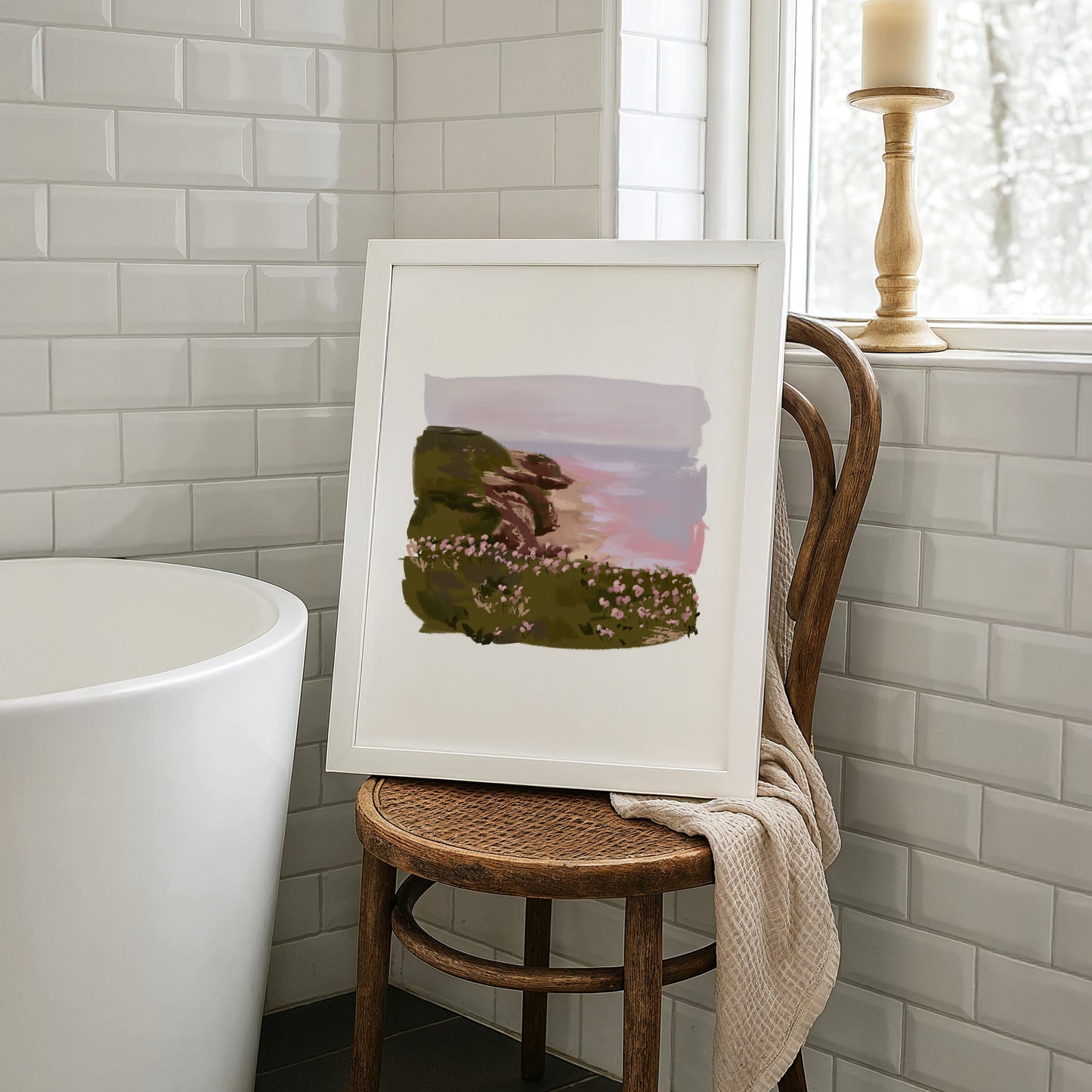 Seaside wildflower digital painting for minimalist bathrooms