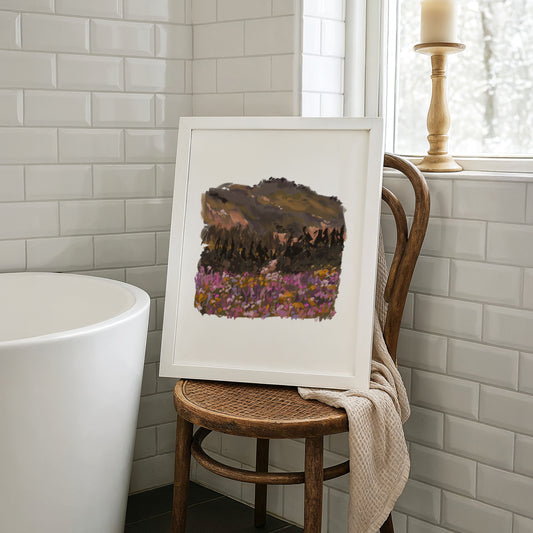 Nature-inspired print for grounding interiors, placed in a white tiled bathroom