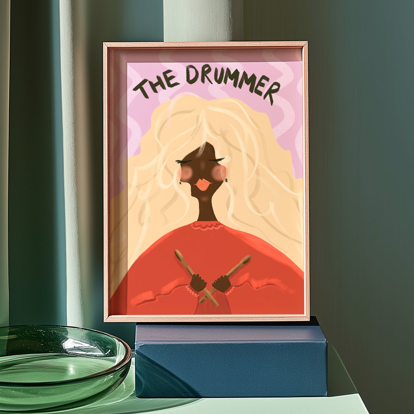 Personalized drummer artwork with skin tone, hair, and jumper options.