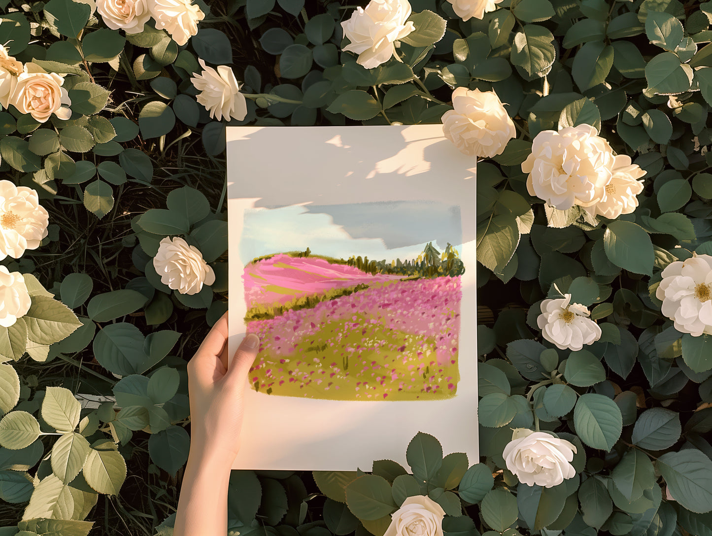 Wildflower field with distant trees and sky