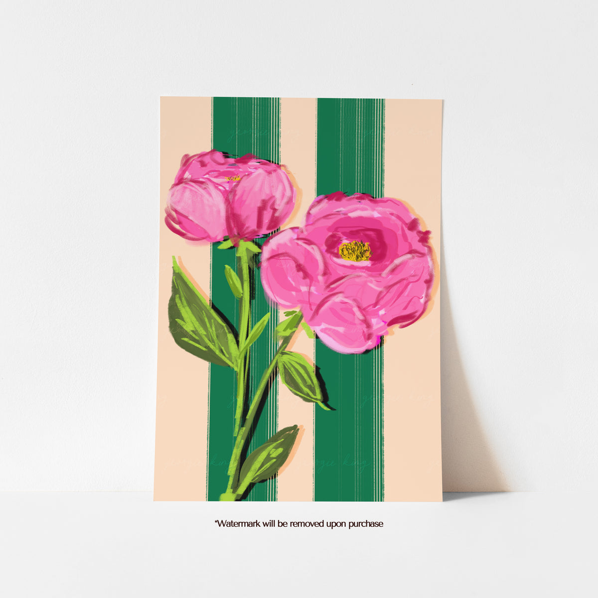 November birth flower print featuring two bright pink peonies against dark green and cream stripes