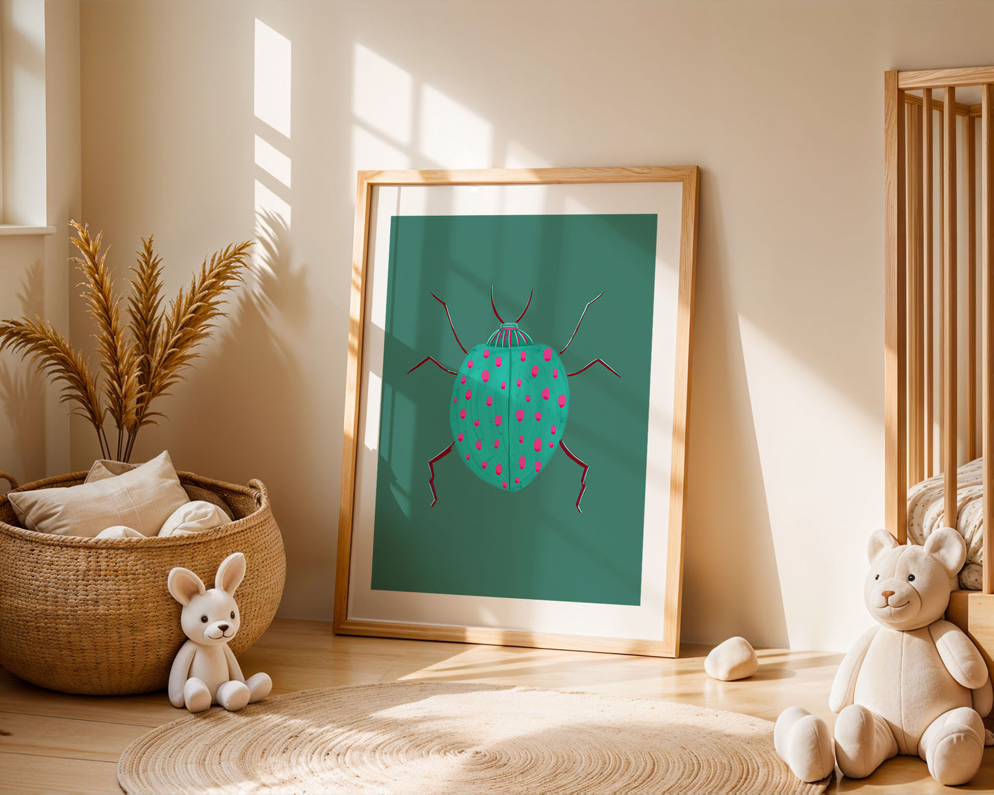 Framed artwork of a beetle on a teal background in a room with toys and decor.