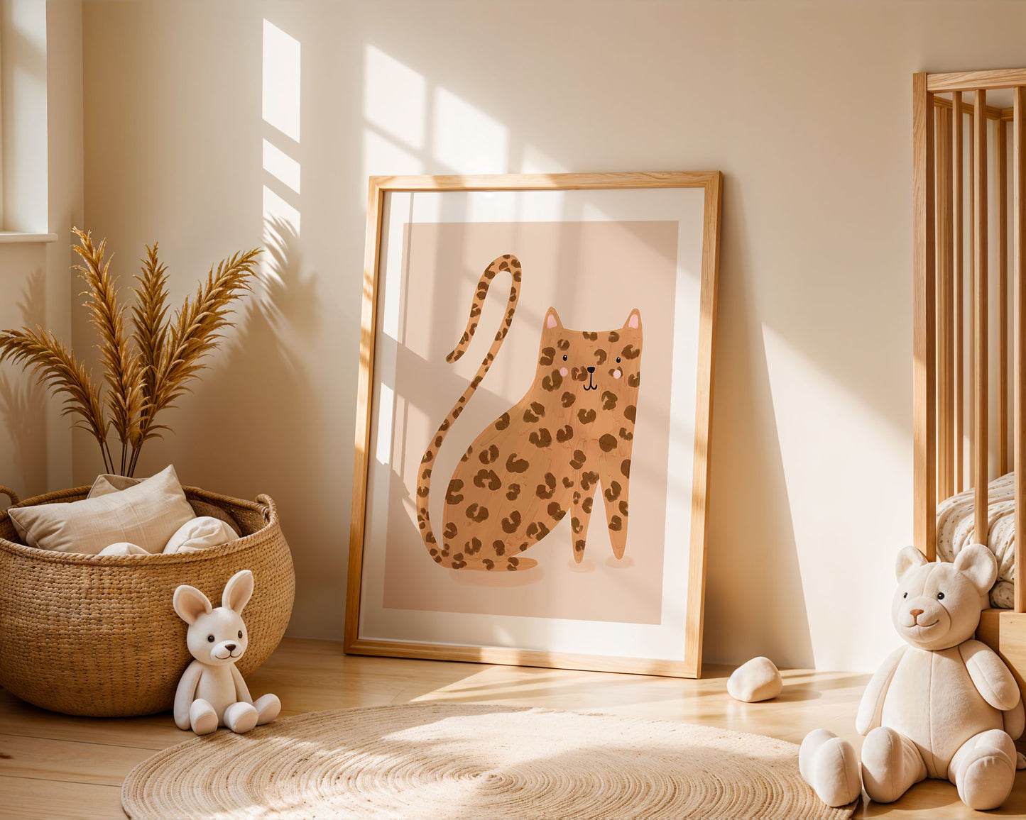 Room interior with a framed picture of a leopard cat, toys, and a plant.