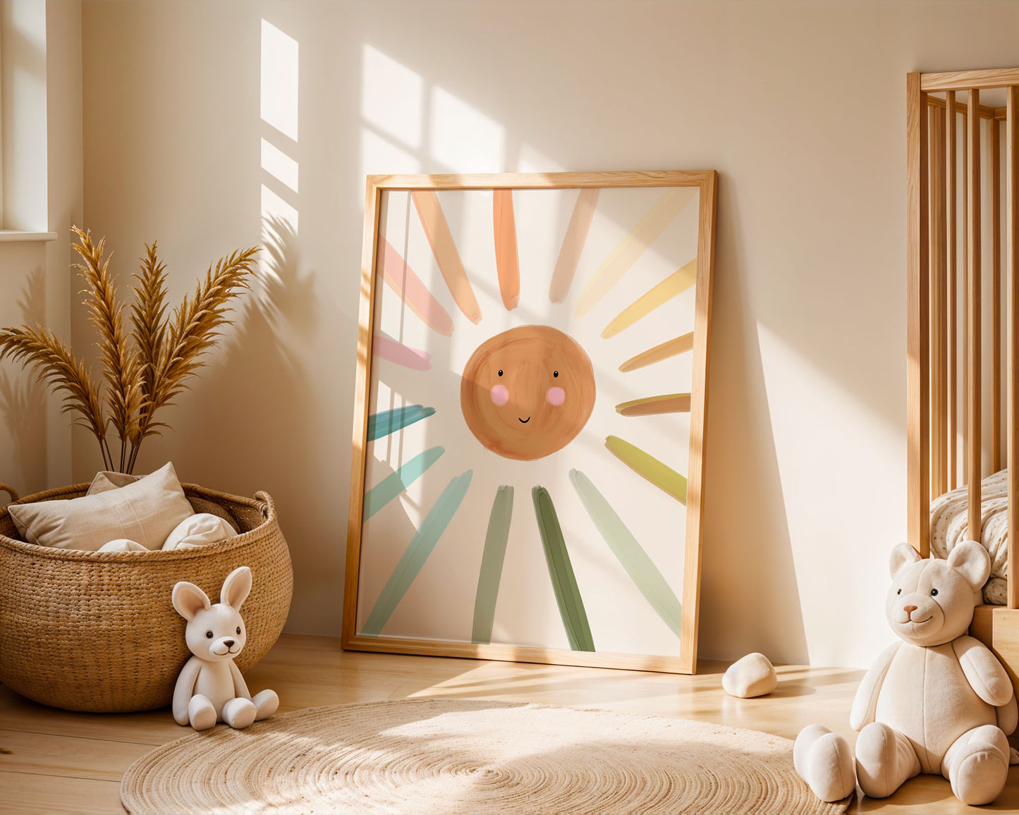 Children's room with a colourful sun print, teddy bear, and rabbit toy.
