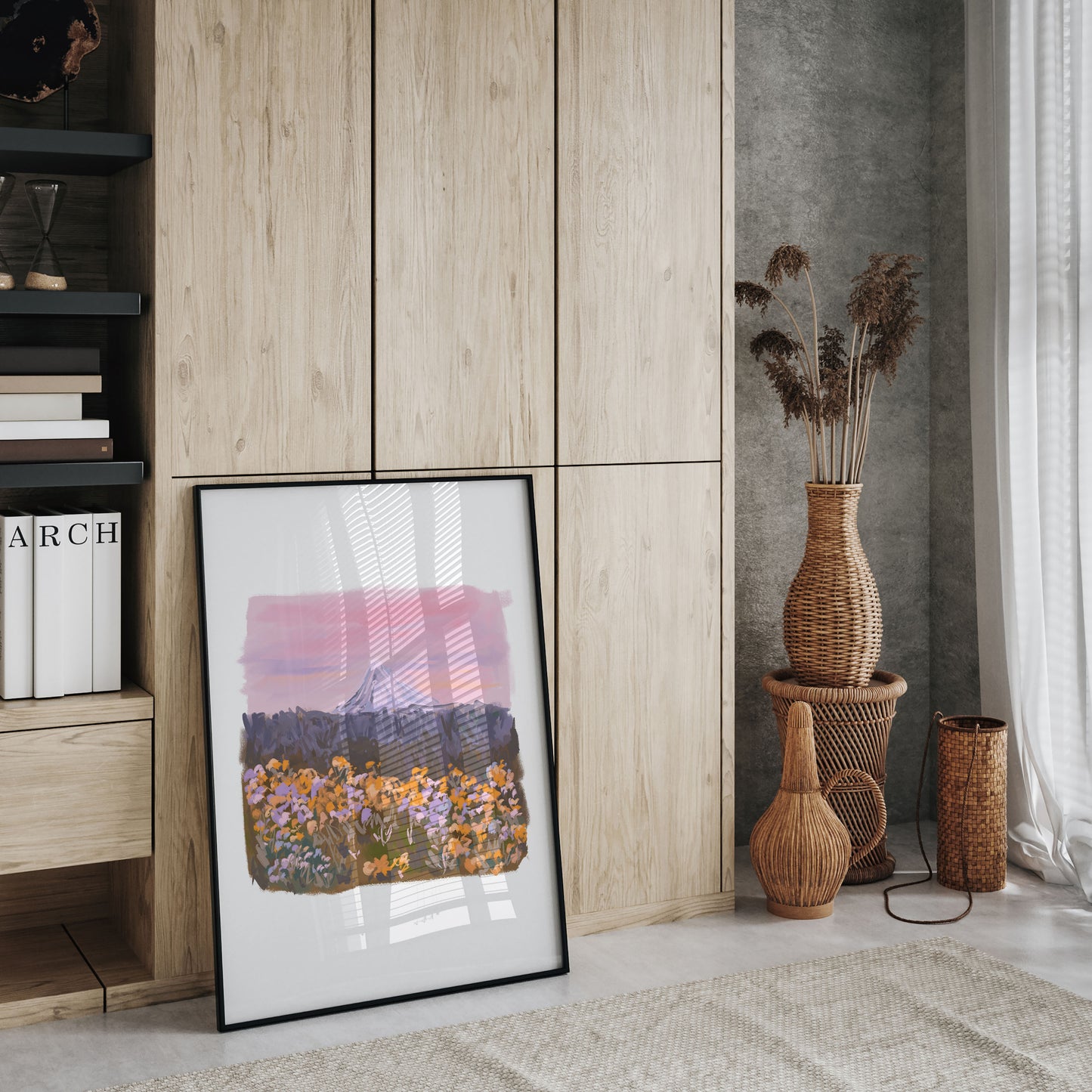 Warm-toned wildflower field illustration captured in a modern office interior