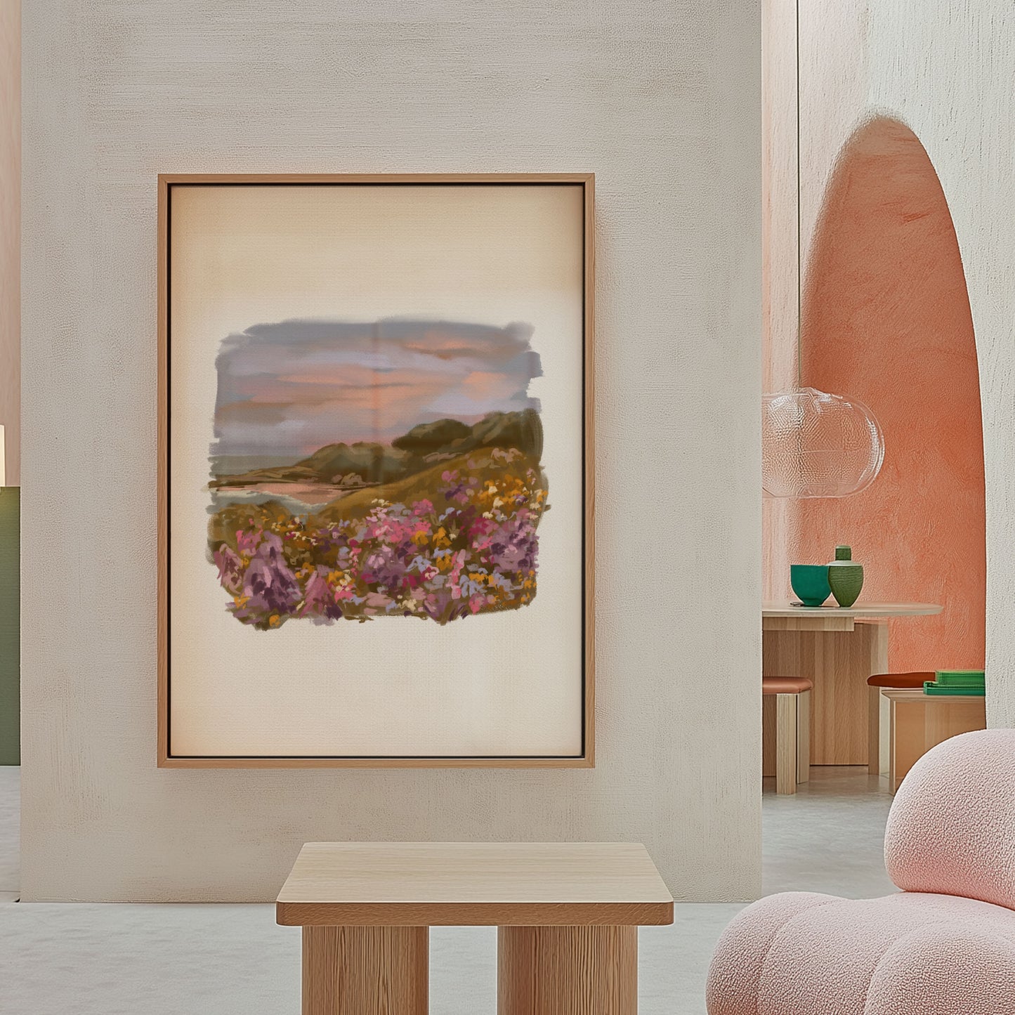 Warm wildflower artwork with ocean view in a soft pink interior
