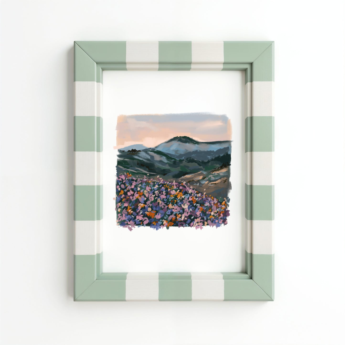 Botanical print of blooming mountain landscape